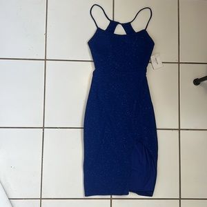 DAVIDS BRIDAL knee length jersey glitter dress with cutout back